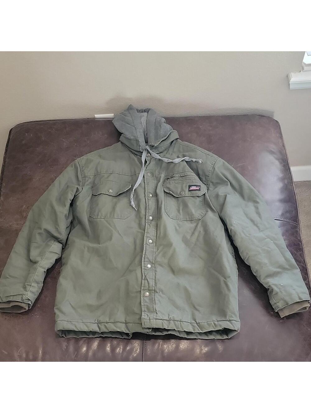 Dickies Men's Green Gray Hooded Quilted Lined Work Jacket Size L 011 *see Desc*
